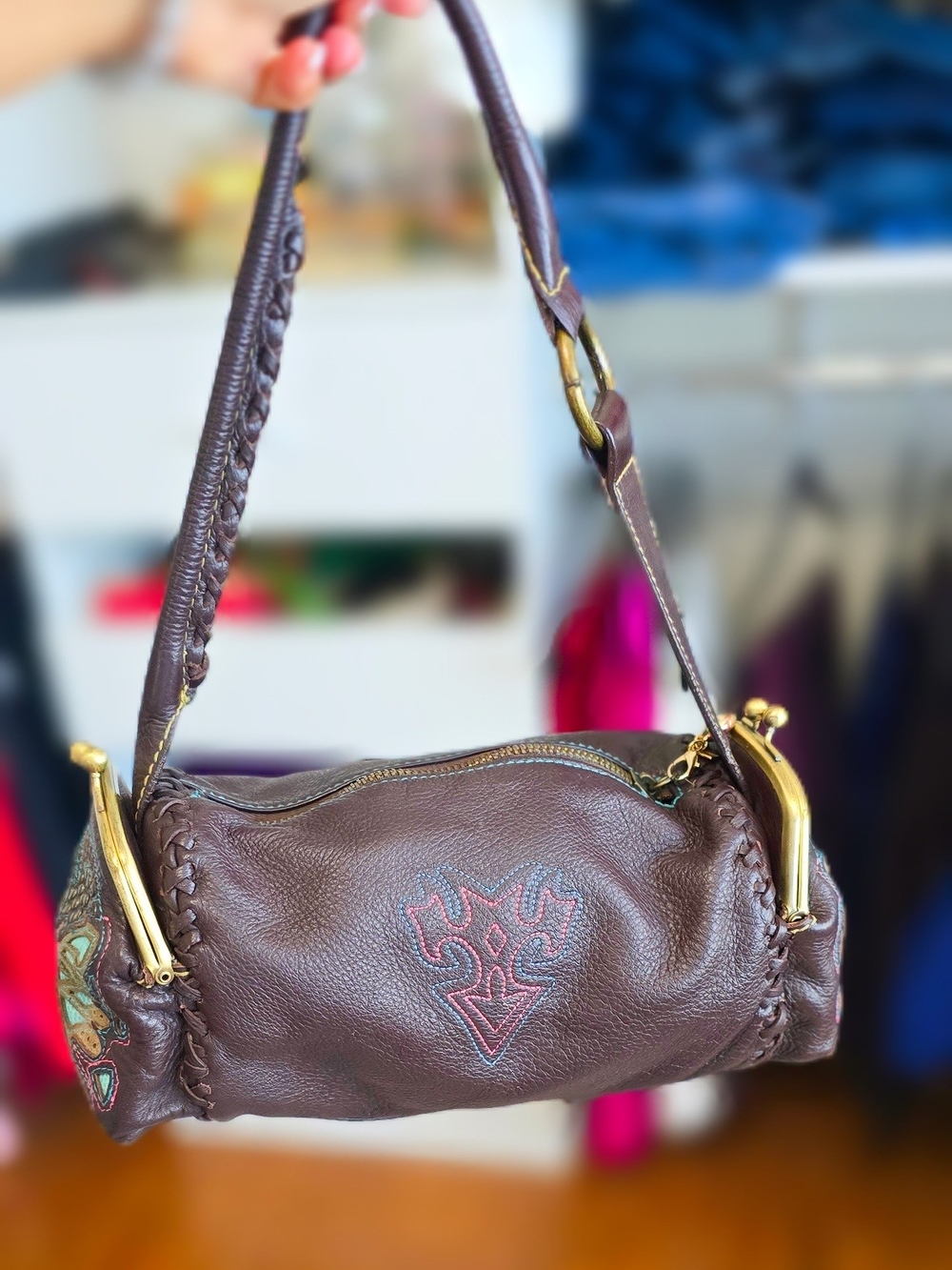 III Parcel Brown Leather Shoulder Bag with Embroidered Detail
